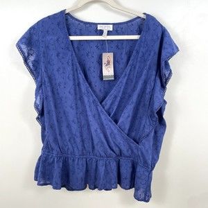 Sofia Jean Womens Top XXL Blue Cotton Faux Wrap Eyelet Ruffle Sleeves and Hem